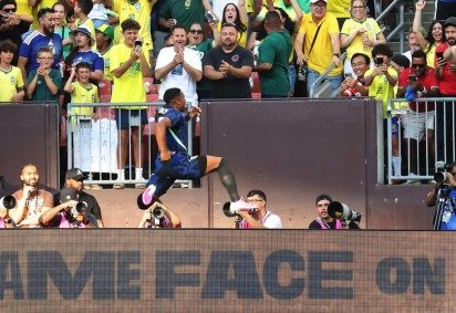 Endrick comemora gol -  (crédito: Kirk Irwin/GETTY IMAGES NORTH AMERICA/Getty Images via AFP) -Endrick comemora gol -  (crédito: Kirk Irwin/GETTY IMAGES NORTH AMERICA/Getty Images via AFP)