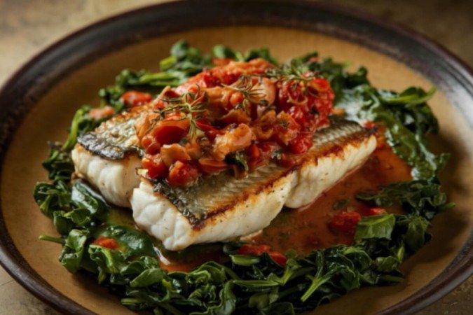 Peixe grelhado com espinafre refogado (Imagem: agnssammas | Shutterstock) - (crédito: EdiCase) Peixe grelhado com espinafre refogado (Imagem: agnssammas | Shutterstock) - (crédito: EdiCase)