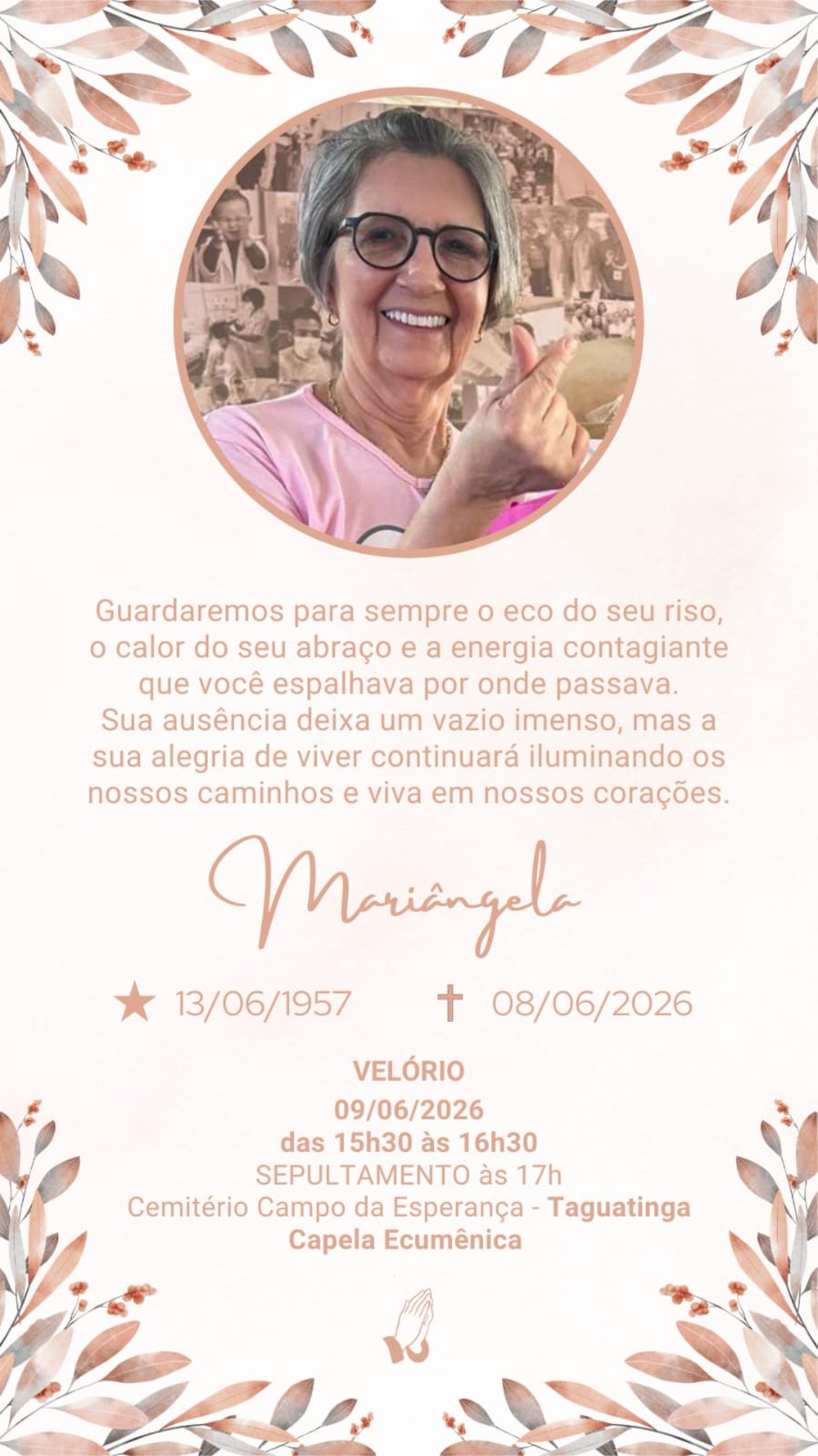 Informa&ccedil;&otilde;es do vel&oacute;rio da ativista Mari&acirc;ngela Moreira.