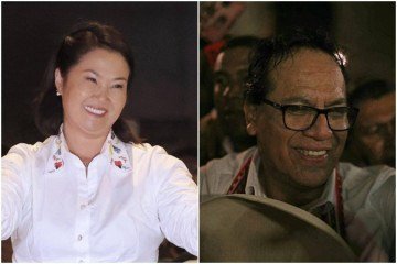 Impulsionada pelos votos nos Estados Unidos e no Japão, Keiko Fujimori, de 51 anos, tem uma vantagem de apenas algumas centenas de votos sobre Sánchez, de 57 anos -  (crédito: ANTHONY NINO DE GUZMAN / AFP E ERNESTO BENAVIDES / AFP)