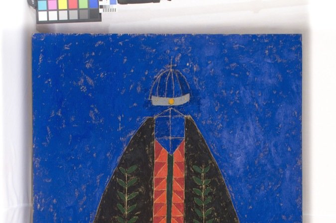Símbolos 
religiosos também aparecem na 
obra do artista