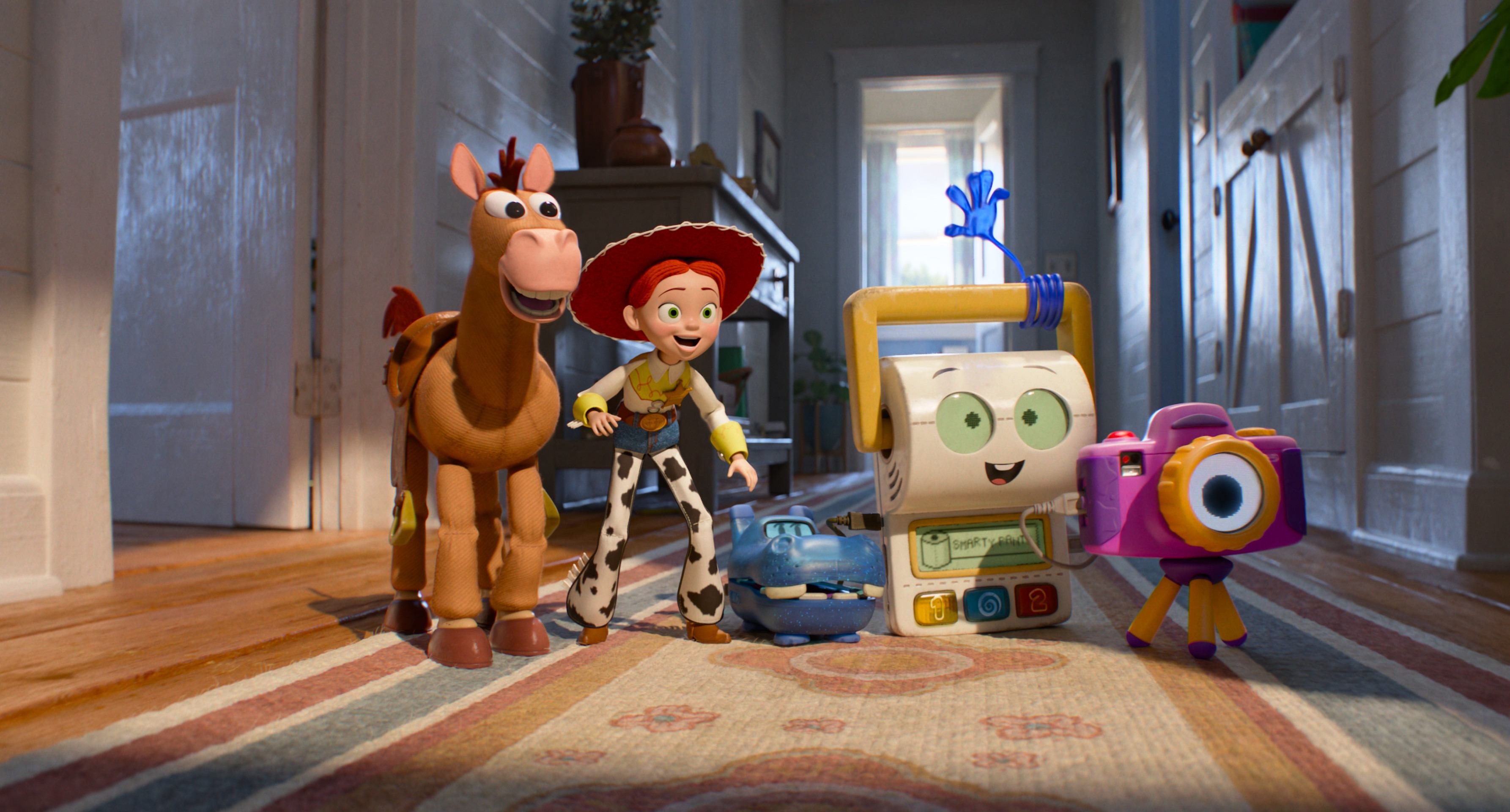  (L-R): Bullseye, Jessie, Atlas, Smarty Pants, and Snappy in Disney and Pixar's TOY STORY 5. Photo courtesy of Pixar. .. 2026 Disney/Pixar... All Rights Reserved.     
