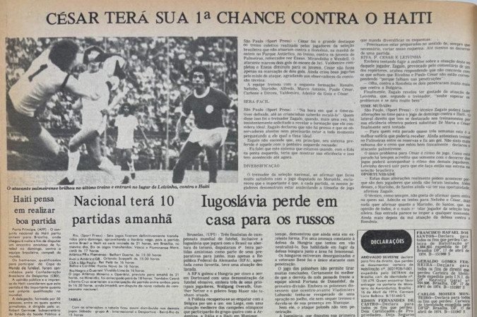 Edi&ccedil;&atilde;o do Correio Braziliense de 1974 destaca a partida de futebol entre Brasil e Haiti em Bras&iacute;lia