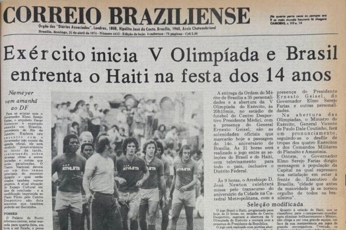 Edi&ccedil;&atilde;o do Correio Braziliense de 1974 destaca a partida de futebol entre Brasil e Haiti em Bras&iacute;lia -  (crédito: Cedoc/CB/D.A.Press)