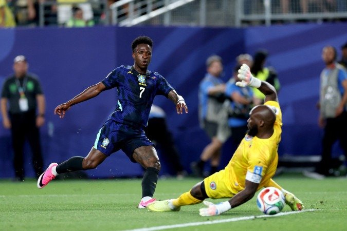 Vinicius Junior #7 of Brazil scores his teams third goal during the FIFA World Cup 2026 Group C match between Brazil and Haiti at Philadelphia Stadium on June 19, 2026 in Philadelphia, Pennsylvania.