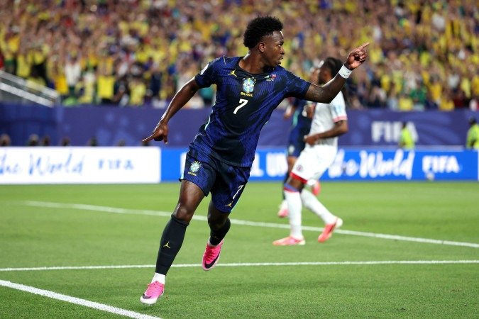 Vinicius Junior #7 of Brazil celebrates scoring his teams third goal during the FIFA World Cup 2026 Group C match between Brazil and Haiti at Philadelphia Stadium on June 19, 2026 in Philadelphia, Pennsylvania.   