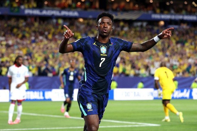 Vinicius Junior #7 of Brazil celebrates scoring his teams third goal during the FIFA World Cup 2026 Group C match between Brazil and Haiti at Philadelphia Stadium on June 19, 2026 in Philadelphia, Pennsylvania. 
