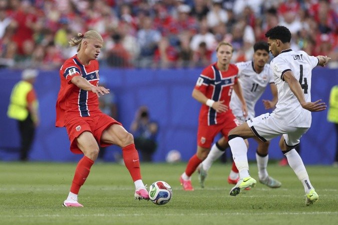 Erling Haaland #9 of Norway controls the ball under pressure from Zaid Tahseen #4 of Iraq during the FIFA World Cup 2026 Group I match between Iraq and Norway at Boston Stadium on June 16, 2026 in Foxborough, Massachusetts.