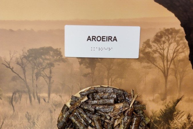 A mostra interativa permite tocara em cascas de árvores do Cerrado
