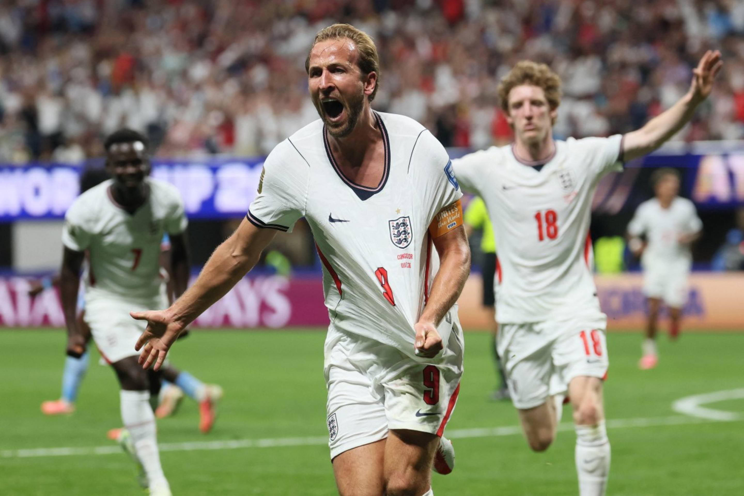 O atacante da Inglaterra, Harry Kane (n&ordm; 9), comemora o segundo gol de sua equipe durante a partida da fase de 32 da Copa do Mundo de 2026 entre Inglaterra e Rep&uacute;blica Democr&aacute;tica do Congo, no Atlanta Stadium, em Atlanta, em 1&ordm; de julho de 2026      