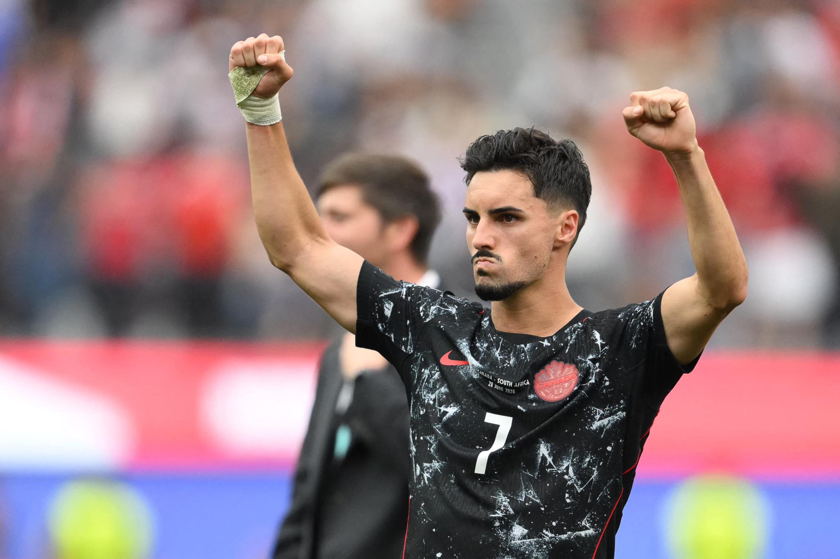 Canada's midfielder #07 Stephen Eustaquio celebrates after winning the 2026 World Cup round of 32 football match between South Africa and Canada at the Los Angeles Stadium in Inglewood on June 28, 2026. 