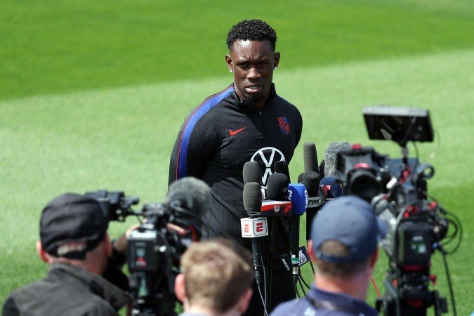 Folarin Balogun of the United States talks to the media prior to a training session for the 2026 World Cup at Husky Soccer Stadium on July 03, 2026 in Seattle, Washington.