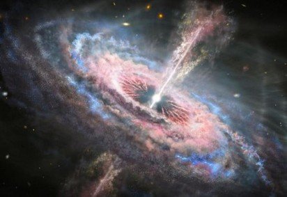 Um quasar emite quantidades excepcionais de energia gerada pela mat&eacute;ria que cai em um buraco negro supermassivo -  (crédito: NASA, ESA, Joseph Olmsted (STScI)) -Um quasar emite quantidades excepcionais de energia gerada pela mat&eacute;ria que cai em um buraco negro supermassivo -  (crédito: NASA, ESA, Joseph Olmsted (STScI))