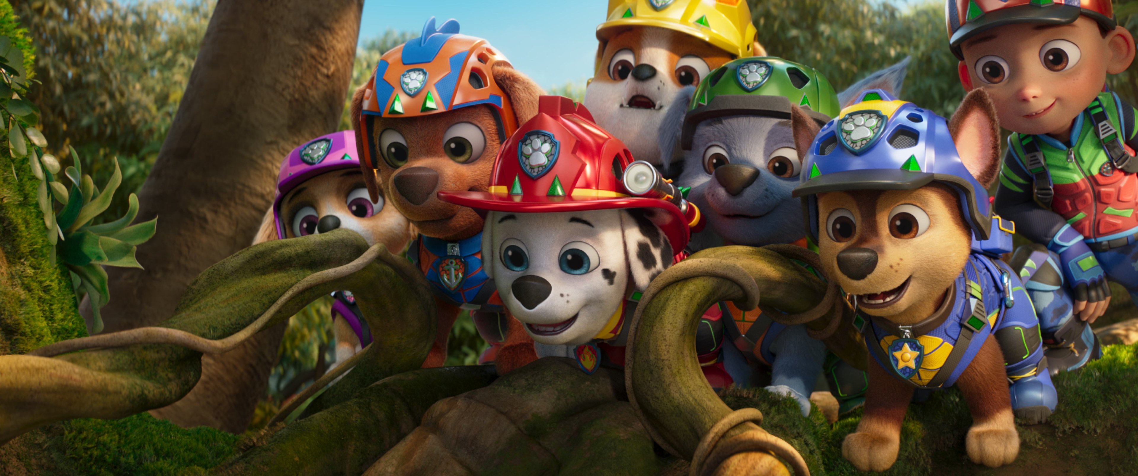  Mckenna Grace as ...Skye..., Nylan Parthipan as ...Zuma", Carter Young as ...Marshall..., Lucien Duncan-Reid as ...Rubble..., William Desrosiers as ...Rocky..., Rain Janjua as ...Chase..., and Henry Bolan as ...Ryder... in Paw Patrol: The Dino Movie from Paramount PIctures and Spinmaster.      