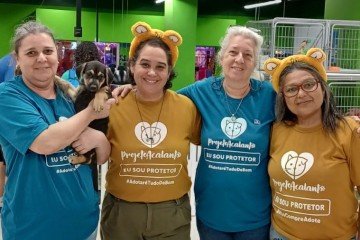 Voluntárias do Projeto Acalanto com um filhote em evento de adoção de animais - (crédito: Divulgação) Voluntárias do Projeto Acalanto com um filhote em evento de adoção de animais - (crédito: Divulgação)