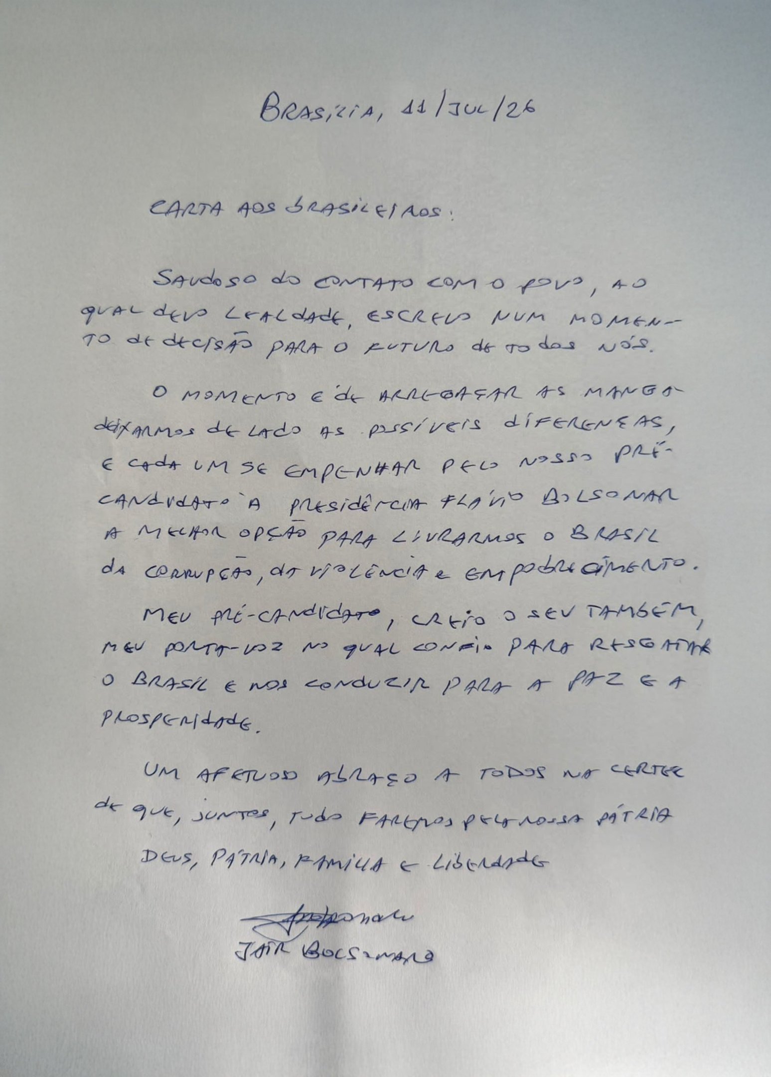 Íntegra da carta do ex-presidente Jair Bolsonaro