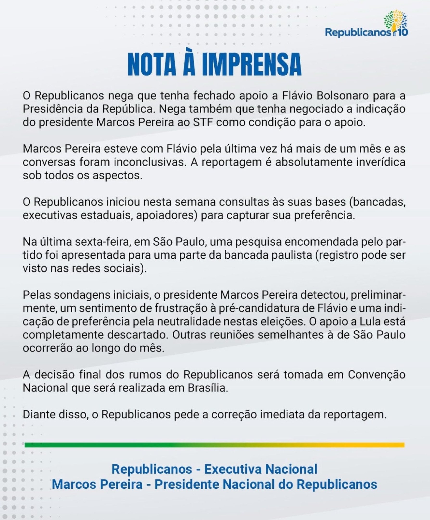 Nota divulgada pelo Republicanos