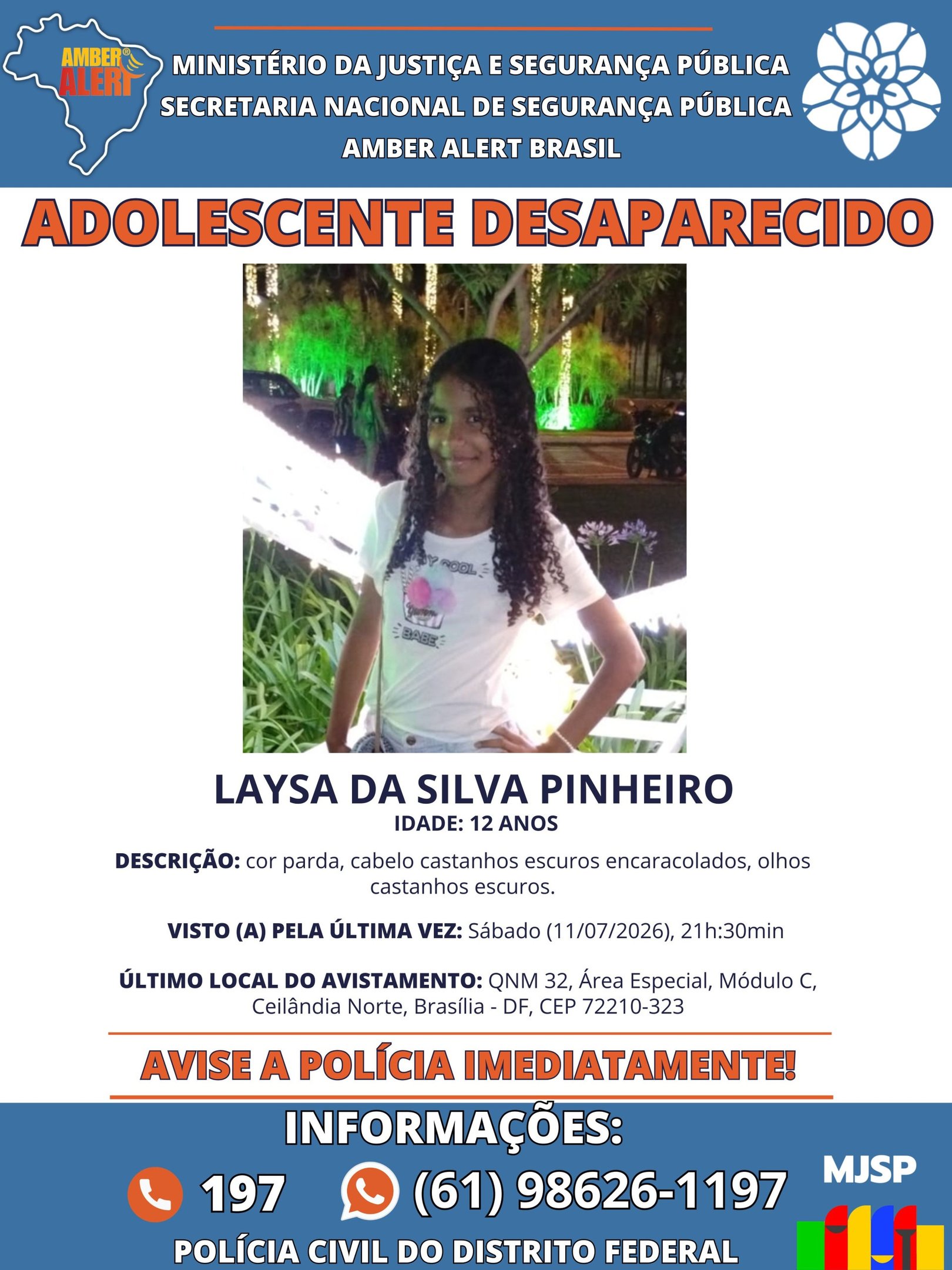 Desaparecimento de Laysa da Silva Pinheiro foi divulgado pelo programa Amber Alert