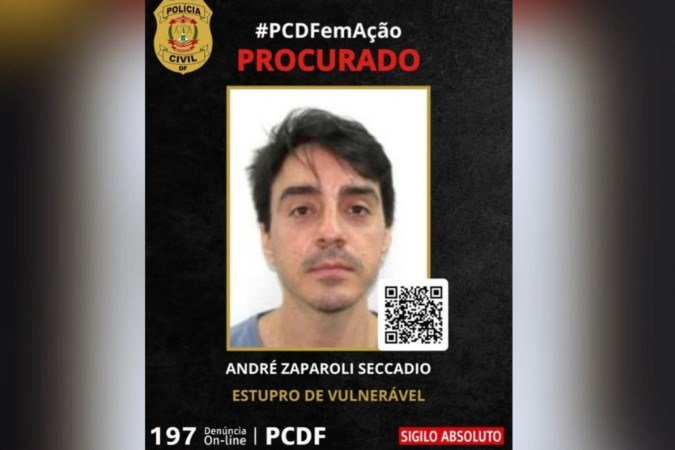 Após a expedição do mandado, equipes da PCDF realizaram buscas em endereços conhecidos, mas André Zaparoli Seccadio não foi localizado e permanece foragido - (crédito: PCDF/Divulgação) Após a expedição do mandado, equipes da PCDF realizaram buscas em endereços conhecidos, mas André Zaparoli Seccadio não foi localizado e permanece foragido - (crédito: PCDF/Divulgação)