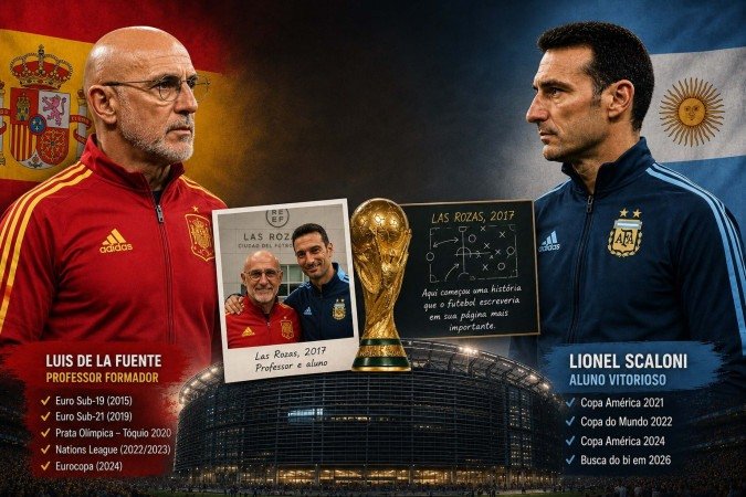 Luis de la Fuente foi professor de Lionel Scaloni no curso de treinadores da Real Federação Espanhola: técnicos vieram da base da Espanha e da Argentina - (crédito: CB.DA Press) Luis de la Fuente foi professor de Lionel Scaloni no curso de treinadores da Real Federação Espanhola: técnicos vieram da base da Espanha e da Argentina - (crédito: CB.DA Press)