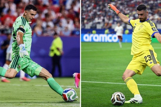 Esta combinação de fotos de arquivo mostra o goleiro da Argentina, Emiliano Martínez; e o goleiro da Espanha, Unai Simón       -  (crédito: CHARLY TRIBALLEAU / AFP)