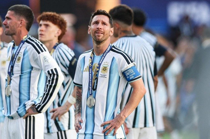 Argentina's forward #10 Lionel Messi reacts after losing the 2026 World Cup football tournament final match between Spain and Argentina at the New York/New Jersey Stadium in East Rutherford on July 19, 2026.