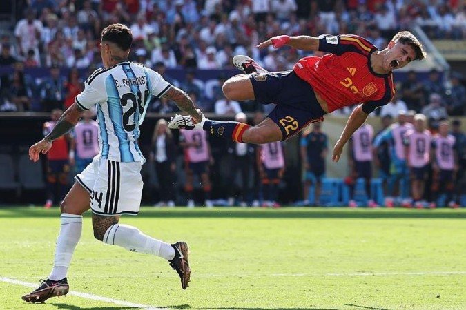 Ferran Torres foi o segundo jogador a marcar o gol da vitória na prorrogação para a Espanha em uma final de Copa do Mundo, depois de Andrés Iniesta, em 2010 - (crédito: Getty Images) Ferran Torres foi o segundo jogador a marcar o gol da vitória na prorrogação para a Espanha em uma final de Copa do Mundo, depois de Andrés Iniesta, em 2010 - (crédito: Getty Images)