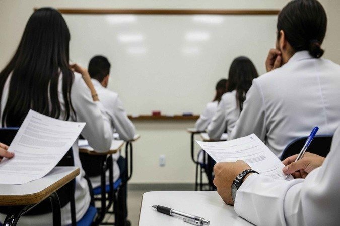 Representação de estudantes de medicina em sala de aula, com base na nota oficial divulgada pela Associação Médica Brasileira, em relação ao resultado do Enamed 2025 -  (crédito: Whisk/Google IA)