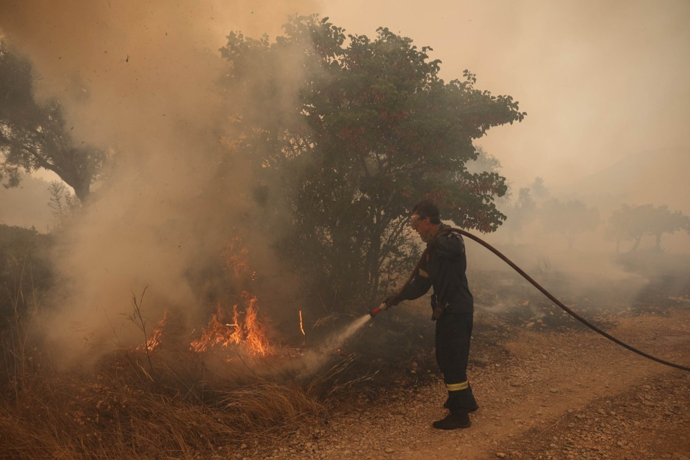  Firefighters try to extinguish a wildfire in Loumpa village, west of Athens, in the Viotia region, on August 2, 2026. Greece on August 2, 2026, faced multiple fronts and a growing damage toll after a week of wildfires devastated over 12,000 hectares of forest and agricultural land, experts said. (Photo by Aris Oikonomou / AFP)       