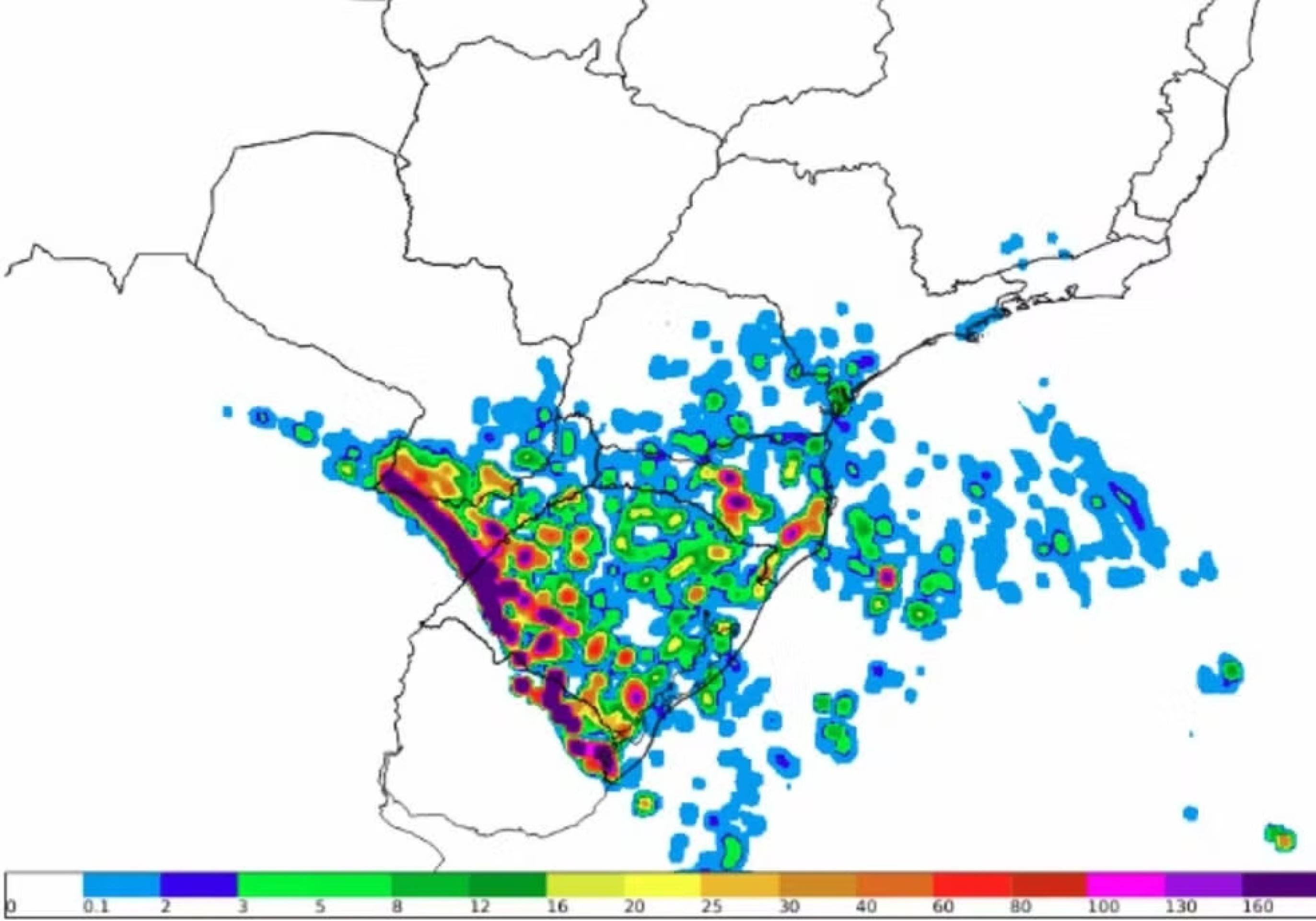 Mapa com as &aacute;reas com potencial para ocorr&ecirc;ncia de granizo na tarde de quinta-feira