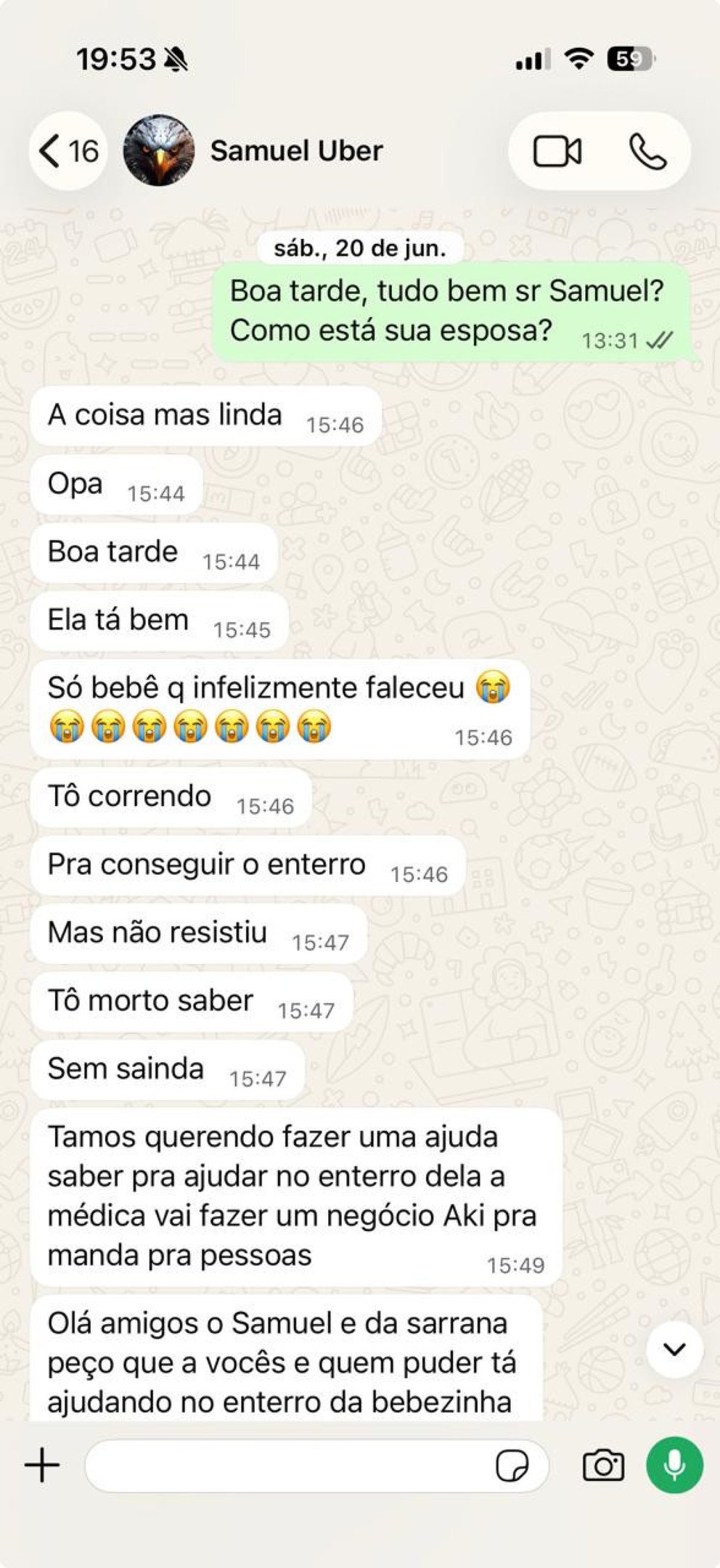 Prints mostram resposta de motorista ao ser questionado sobre estado de saúde do filho 