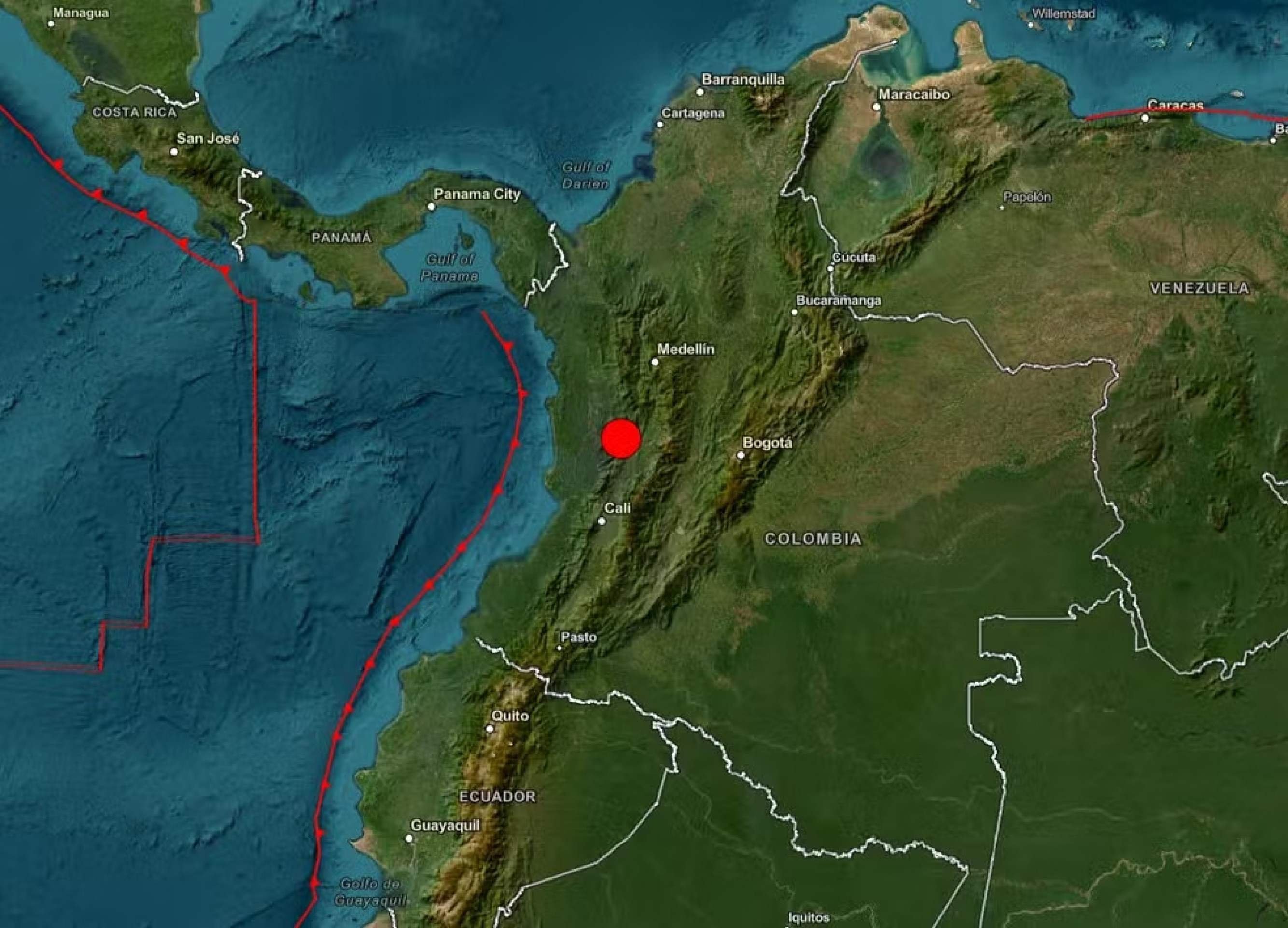 Mapa mostra terremoto de magnitude 7,4 que atingiu o oeste da Col&ocirc;mbia em 10 de agosto de 2026