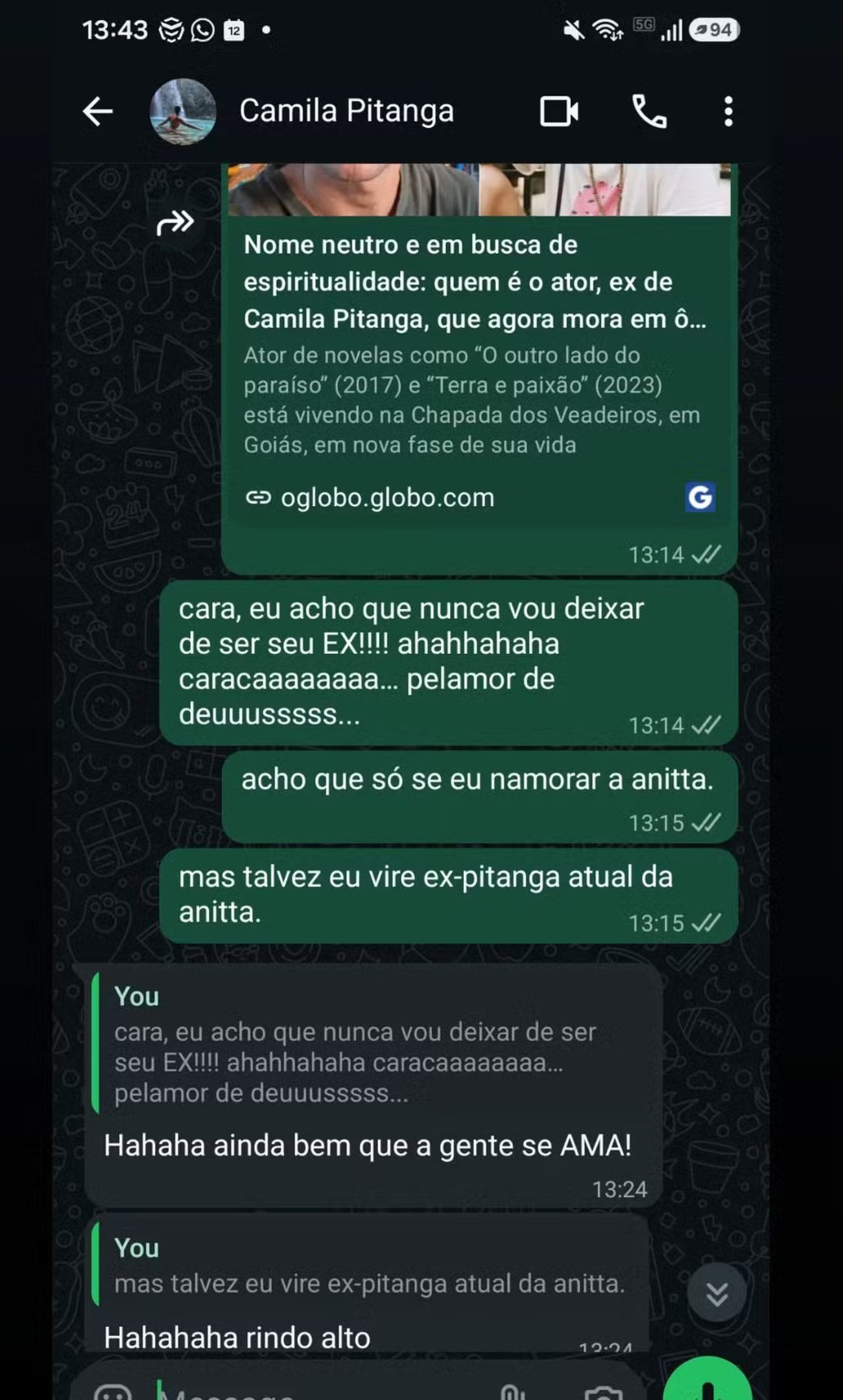 Angel Ferreira compartilha conversa com a ex-namorada Camila Pitanga