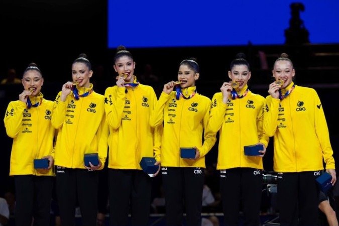 Equipe brasileira de ginástica rítmica leva ouro em Mundial - (crédito: Melogym/CBG) Equipe brasileira de ginástica rítmica leva ouro em Mundial - (crédito: Melogym/CBG)