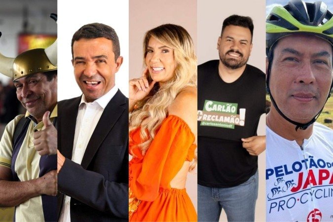 Os candidatos Silva Fotógrafo - O Corno (Agir), Scooby Ube (Republicanos), Preta Praiana (Democrata), Carlão Reclamão (Democrata) e Japa da Bike (Democrata) - (crédito: Marcelo Ferreira/CB/D.A Press, Divulgação, Divulgação, Divulgação,Divulgação) Os candidatos Silva Fotógrafo - O Corno (Agir), Scooby Ube (Republicanos), Preta Praiana (Democrata), Carlão Reclamão (Democrata) e Japa da Bike (Democrata) - (crédito: Marcelo Ferreira/CB/D.A Press, Divulgação, Divulgação, Divulgação,Divulgação)