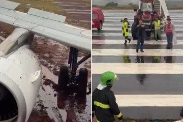 Aeronave da Latam ap&oacute;s sair da pista e atolar na lama no Aeroporto de Cascavel -  (crédito: Reprodu&ccedil;&atilde;o/Redes sociais)