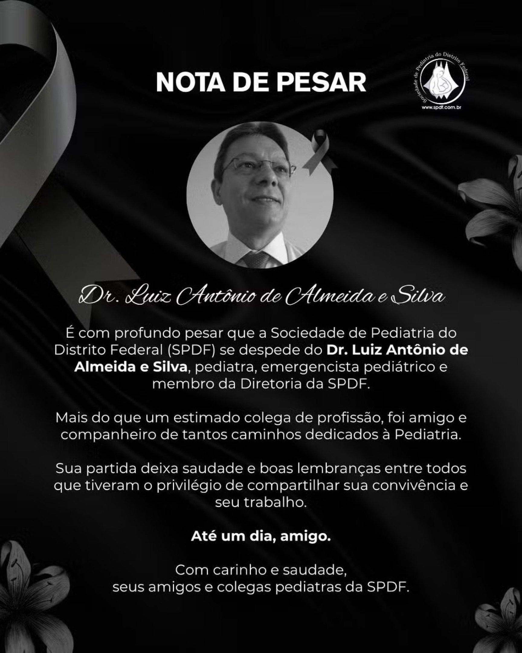 Nota de pesar divulgada pela Sociedade de Pediatria do Distrito Federal