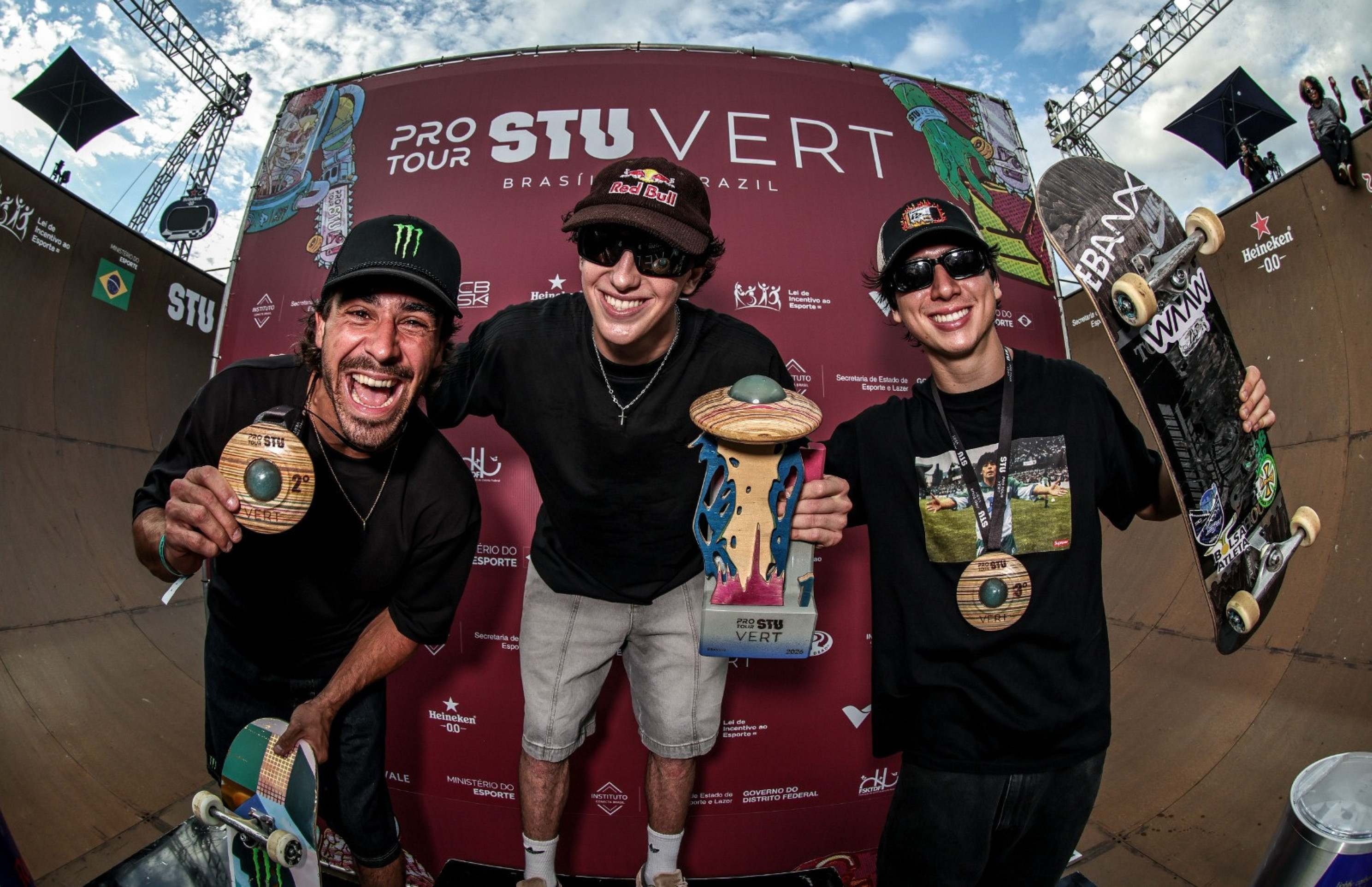 Edouard Damestoy, Gui Khury e Luigi Cini: p&oacute;dio do STU Bras&iacute;lia 2026. Skate. Parque da Cidade