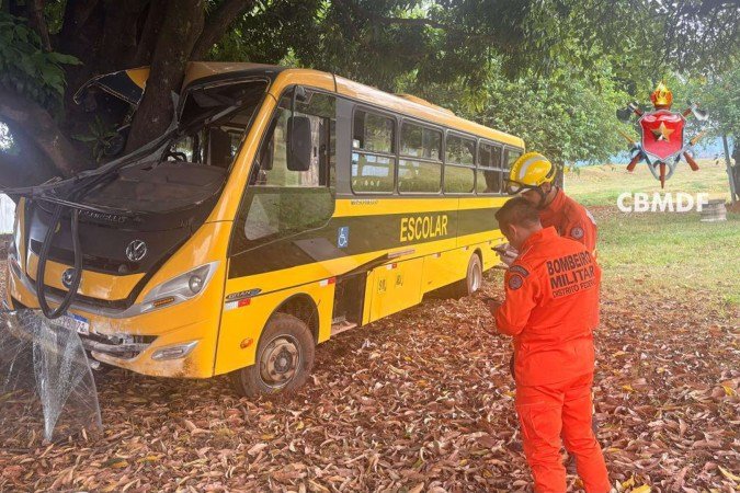 Veículo colidiu com árvore e duas crianças foram transportadas ao hospital - (crédito: CBMDF/Divulgação) Veículo colidiu com árvore e duas crianças foram transportadas ao hospital - (crédito: CBMDF/Divulgação)