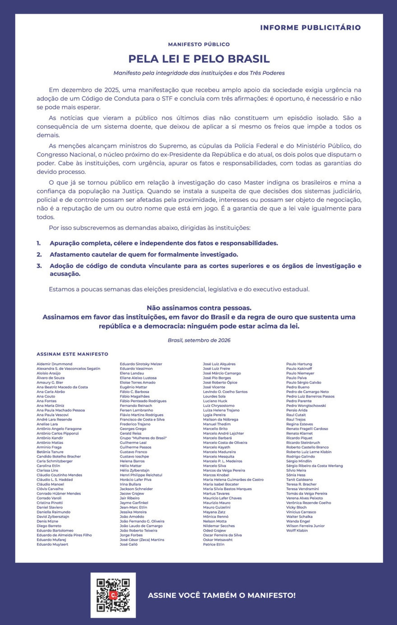 Documento com 157 signat&aacute;rios pede investiga&ccedil;&atilde;o sobre o caso Banco Master e prop&otilde;e c&oacute;digo de conduta para tribunais