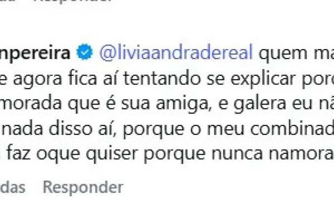 Campeão do UFC surpreende ao falar de relação com Lívia Andrade: 'Quem mandou fazer merenda?' - (crédito: TMJBrazil) Campeão do UFC surpreende ao falar de relação com Lívia Andrade: 'Quem mandou fazer merenda?' - (crédito: TMJBrazil)