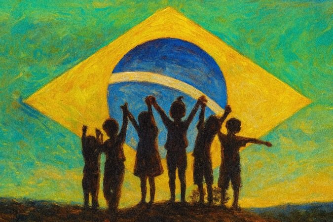 Ilustra&ccedil;&atilde;o com crian&ccedil;as e adolescentes e a bandeira do Brasil de fundo -  (crédito: maurenilson)