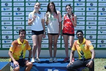 Medalhistas de prata em Paris-2024 e em Sydney-2000, respectivamente, Caio Bonfim e André Domingos premiaram Sarah Malandrim (bronze), Brenda Dreyer (ouro) e Sara Marquetti (prata) no salto com vara - (crédito: Ed Alves/CB/D.A Press) Medalhistas de prata em Paris-2024 e em Sydney-2000, respectivamente, Caio Bonfim e André Domingos premiaram Sarah Malandrim (bronze), Brenda Dreyer (ouro) e Sara Marquetti (prata) no salto com vara - (crédito: Ed Alves/CB/D.A Press)