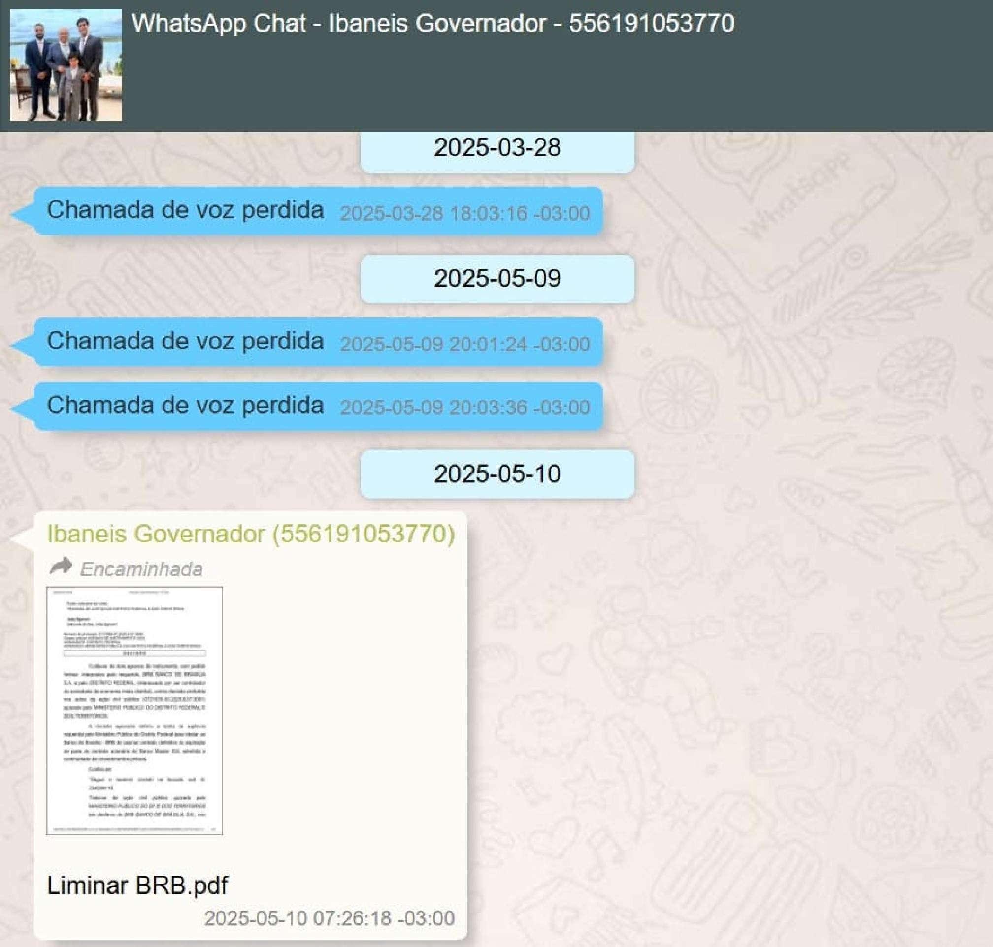 Troca de mensagens entre Ibaneis Rocha e Daniel Vorcaro 