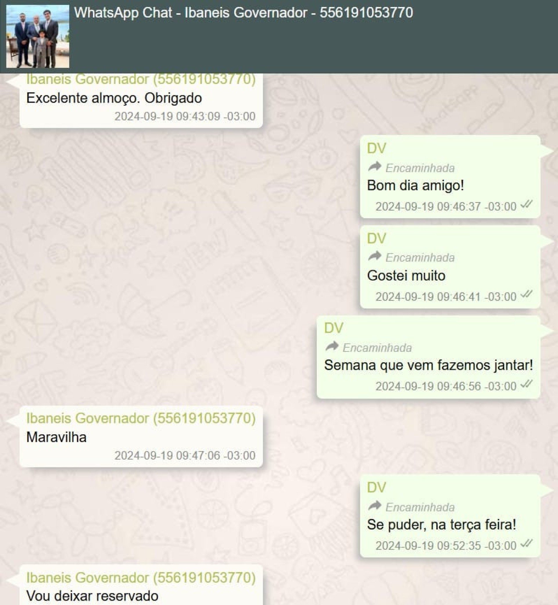 Troca de mensagens entre Ibaneis Rocha e Daniel Vorcaro 