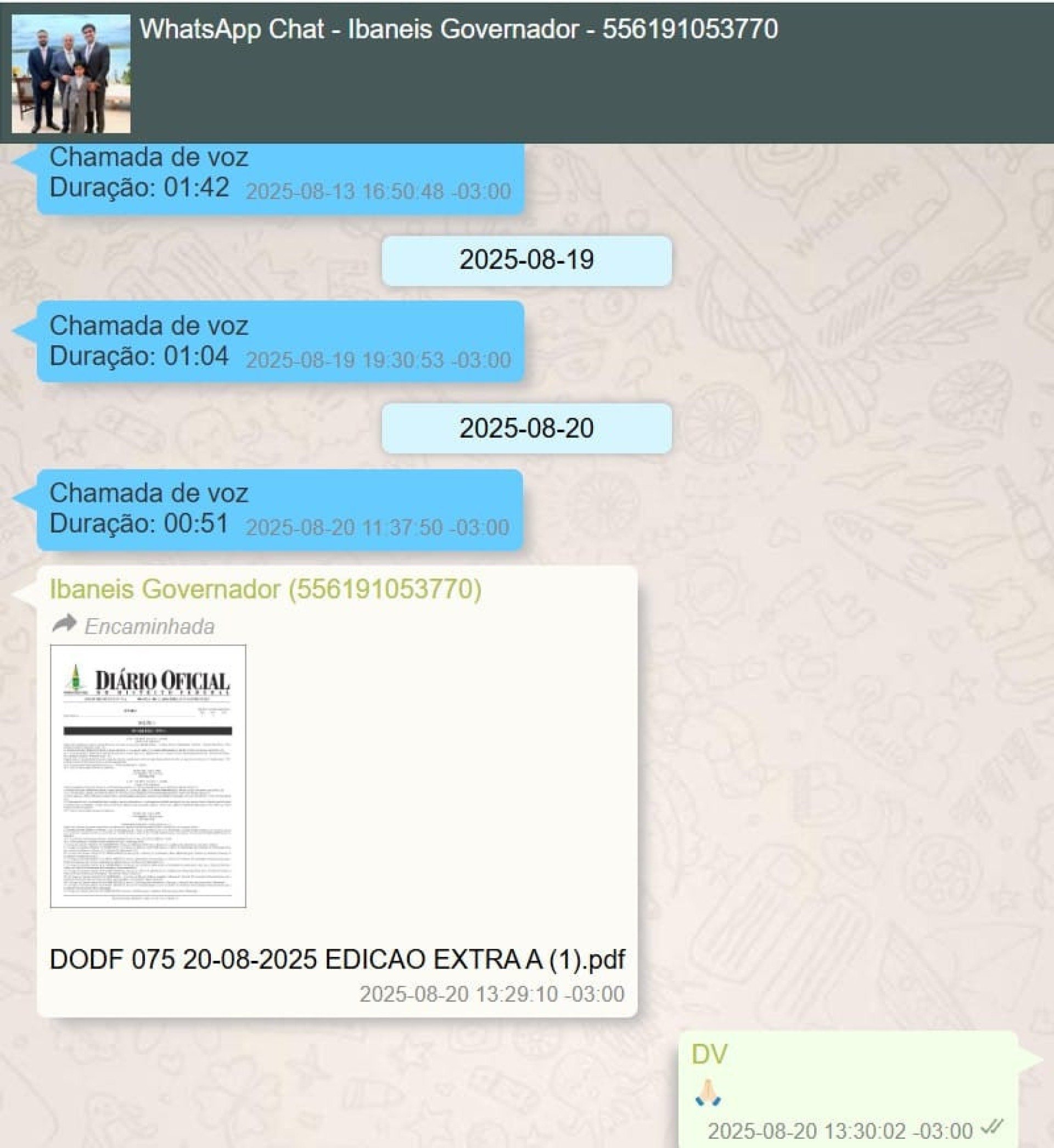 Troca de mensagens entre Ibaneis Rocha e Daniel Vorcaro 
