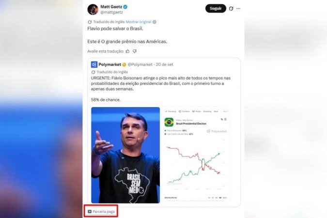Postagem no X sobre Flávio Bolsonaro feita com 