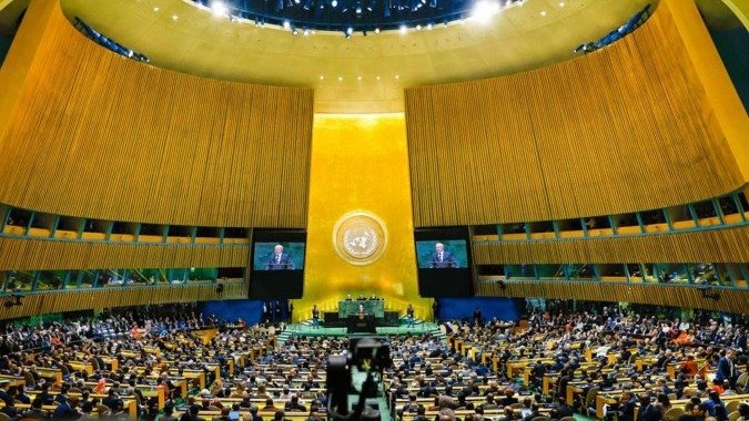 O plen&aacute;rio da Assembleia Geral da ONU, palco da escolha do pr&oacute;ximo secret&aacute;rio-geral, reflete o cen&aacute;rio de decis&otilde;es globais -  (crédito: Ricardo Stuckert/PR)