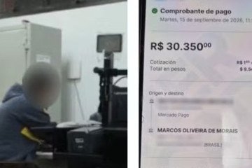 Torcedor argentino e o comprovante do pagamento fraudulento de R$ 30.350,00, elemento-chave no golpe do taxista - (crédito: Reprodução) Torcedor argentino e o comprovante do pagamento fraudulento de R$ 30.350,00, elemento-chave no golpe do taxista - (crédito: Reprodução)
