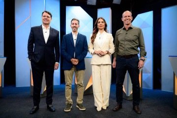 Os concorrentes ao GDF Kiko Caputo (Novo), Leandro Grass (PT), Paula Belmonte (PSDB) e Ricardo Cappelli (PSB) no debate promovido pela TV Globo - (crédito: Globo/Divulgação) Os concorrentes ao GDF Kiko Caputo (Novo), Leandro Grass (PT), Paula Belmonte (PSDB) e Ricardo Cappelli (PSB) no debate promovido pela TV Globo - (crédito: Globo/Divulgação)